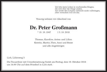 Traueranzeige von Peter Großmann von Giessener Allgemeine, Alsfelder Allgemeine