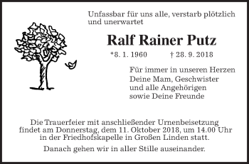 Traueranzeige von Ralf Rainer Putz von Giessener Allgemeine, Alsfelder Allgemeine
