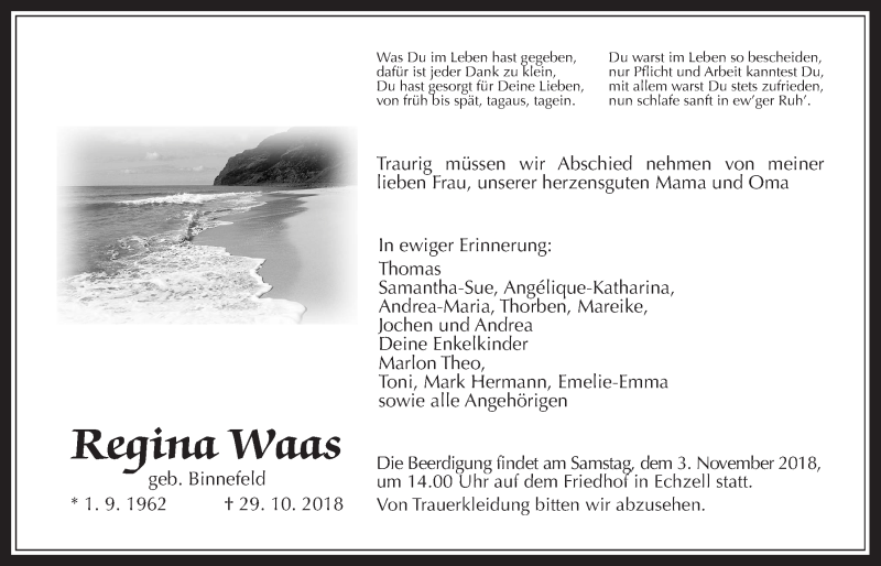  Traueranzeige für Regina Waas vom 31.10.2018 aus Wetterauer Zeitung, Wetterauer Zeitung