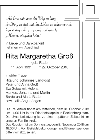 Traueranzeige von Rita Margaretha Groß von Wetterauer Zeitung, Wetterauer Zeitung