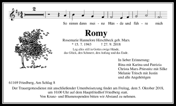 Traueranzeige von Rosemarie Hannelore Hirschbeck von Wetterauer Zeitung, Wetterauer Zeitung