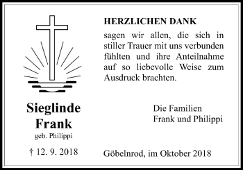 Traueranzeige von Sieglinde Frank von Giessener Allgemeine, Alsfelder Allgemeine