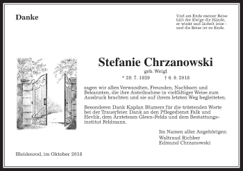 Traueranzeige von Stefanie Chrzanowski von Alsfelder Allgemeine