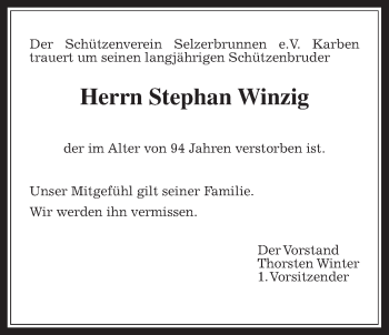Traueranzeige von Stephan Winzig von Wetterauer Zeitung