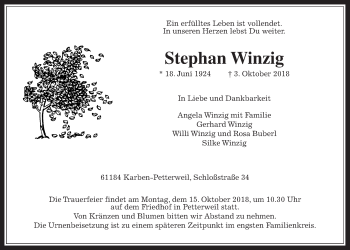 Traueranzeige von Stephan Winzig von Wetterauer Zeitung, Wetterauer Zeitung