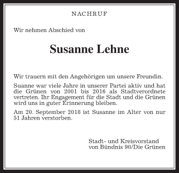 Traueranzeige von Susanne Lehne von Giessener Allgemeine, Alsfelder Allgemeine