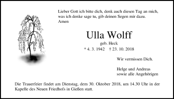Traueranzeige von Ulla Wolff von Giessener Allgemeine, Alsfelder Allgemeine