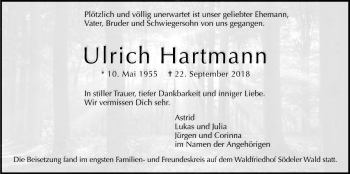 Traueranzeige von Ulrich Hartmann von Wetterauer Zeitung, Wetterauer Zeitung