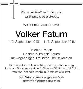 Traueranzeige von Volker Fatum von Wetterauer Zeitung, Wetterauer Zeitung
