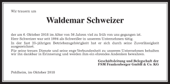Traueranzeige von Waldemar Schweizer von Giessener Allgemeine, Alsfelder Allgemeine