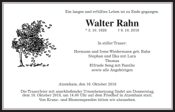 Traueranzeige von Walter Rahn von Giessener Allgemeine, Alsfelder Allgemeine
