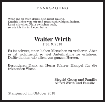 Traueranzeige von Walter Wirth von Giessener Allgemeine, Alsfelder Allgemeine