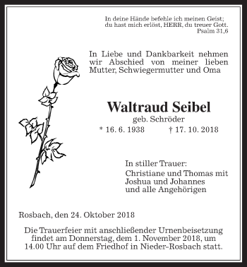 Traueranzeige von Waltraud Seibel von Wetterauer Zeitung, Wetterauer Zeitung