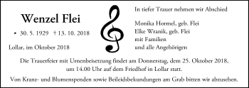 Traueranzeige von Wenzel Flei von Giessener Allgemeine, Alsfelder Allgemeine