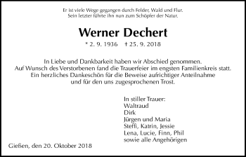 Traueranzeige von Werner Dechert von Giessener Allgemeine, Alsfelder Allgemeine