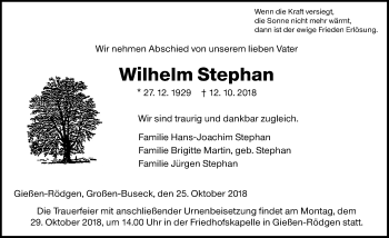 Traueranzeige von Wilhelm Stephan von Giessener Allgemeine, Alsfelder Allgemeine