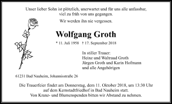 Traueranzeige von Wolfgang Groth von Wetterauer Zeitung, Wetterauer Zeitung