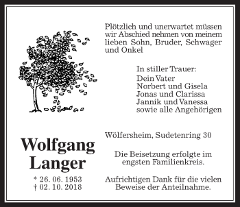 Traueranzeige von Wolfgang Langer von Wetterauer Zeitung, Wetterauer Zeitung