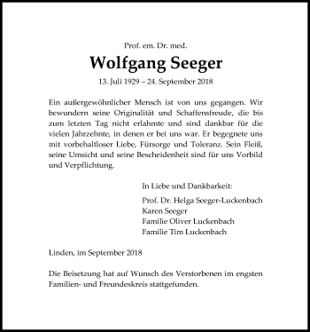 Traueranzeige von Wolfgang Seeger von Giessener Allgemeine, Alsfelder Allgemeine