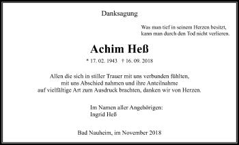 Traueranzeige von Achim Heß von Wetterauer Zeitung, Wetterauer Zeitung
