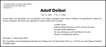 Traueranzeige von Adolf Deibel von Giessener Allgemeine, Alsfelder Allgemeine