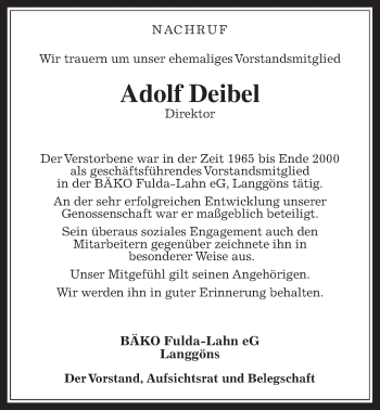 Traueranzeige von Adolf Deibel von Giessener Allgemeine, Alsfelder Allgemeine