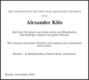 Traueranzeige von Alexander Klös von Mücker Stimme