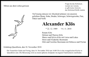 Traueranzeige von Alexander Klös von Giessener Allgemeine, Alsfelder Allgemeine