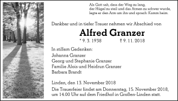 Traueranzeige von Alfred Granzer von Giessener Allgemeine, Alsfelder Allgemeine