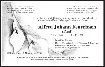 Traueranzeige von Alfred Johann Feuerbach von Wetterauer Zeitung, Wetterauer Zeitung
