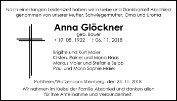 Traueranzeige von Anna Glöckner von Giessener Allgemeine, Alsfelder Allgemeine