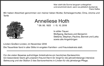 Traueranzeige von Anneliese Hoth von Giessener Allgemeine, Alsfelder Allgemeine