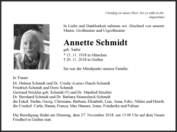 Traueranzeige von Annette Schmidt von Giessener Allgemeine, Alsfelder Allgemeine