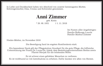 Traueranzeige von Anni Zimmer von Wetterauer Zeitung, Wetterauer Zeitung