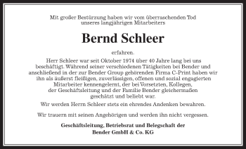 Traueranzeige von Bernd Schleer von Giessener Allgemeine, Alsfelder Allgemeine