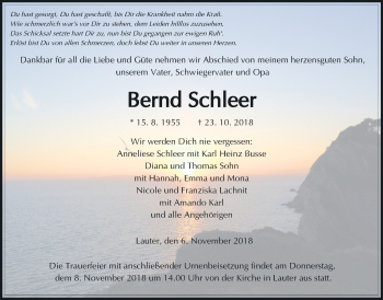 Traueranzeige von Bernd Schleer von Giessener Allgemeine, Alsfelder Allgemeine