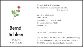 Traueranzeige von Bernd Schleer von Giessener Allgemeine, Alsfelder Allgemeine