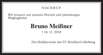 Traueranzeige von Bruno Meißner von Giessener Allgemeine, Alsfelder Allgemeine