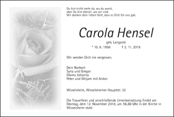 Traueranzeige von Carola Hensel von Wetterauer Zeitung, Wetterauer Zeitung