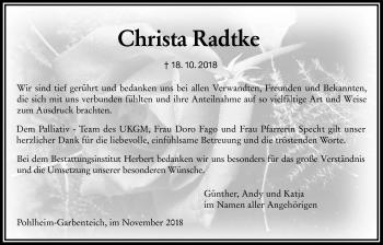 Traueranzeige von Christa Radtke von Giessener Allgemeine, Alsfelder Allgemeine