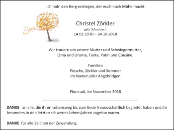 Traueranzeige von Christel Zörkler von Wetterauer Zeitung, Wetterauer Zeitung