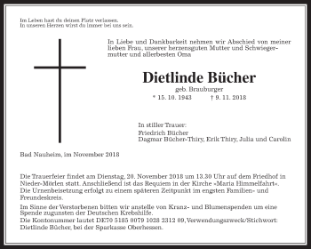 Traueranzeige von Dietlinde Bücher von Wetterauer Zeitung, Wetterauer Zeitung