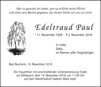 Traueranzeige von Edeltraud Paul von Wetterauer Zeitung, Wetterauer Zeitung