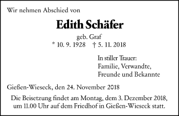 Traueranzeige von Edith Schäfer von Giessener Allgemeine, Alsfelder Allgemeine
