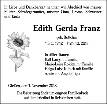 Traueranzeige von Edith Gerda Franz von Giessener Allgemeine, Alsfelder Allgemeine