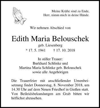 Traueranzeige von Edith Maria Belouschek von Giessener Allgemeine, Alsfelder Allgemeine