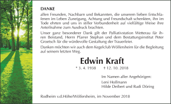 Traueranzeige von Edwin Kraft von Wetterauer Zeitung, Wetterauer Zeitung