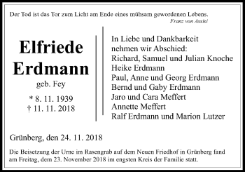 Traueranzeige von Elfriede Erdmann von Giessener Allgemeine, Alsfelder Allgemeine