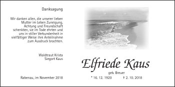 Traueranzeige von Elfriede Kaus von Rabenauer Zeitung