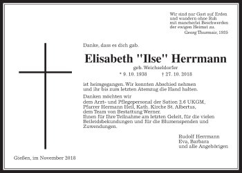 Traueranzeige von Elisabeth Herrmann von Giessener Allgemeine, Alsfelder Allgemeine
